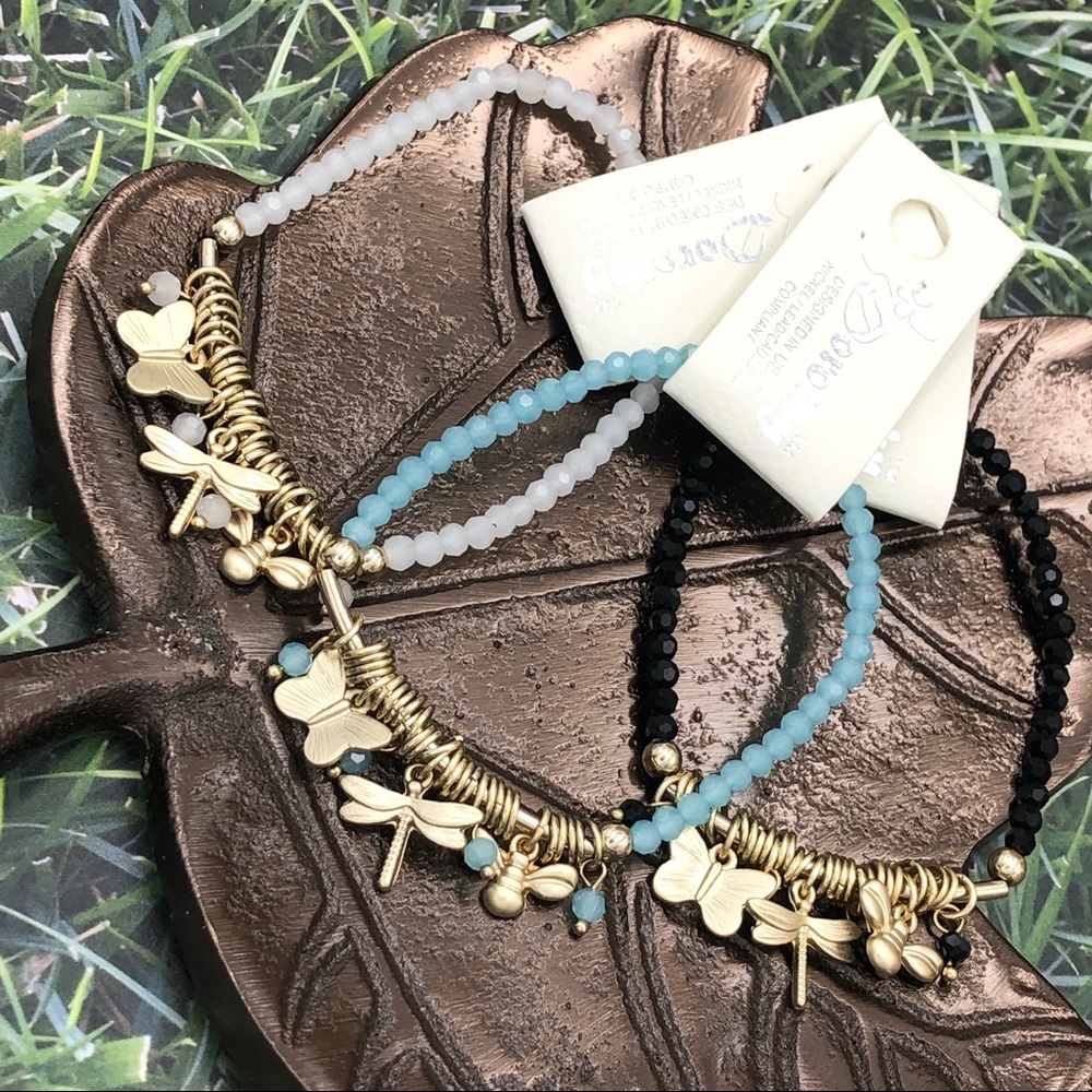 🍀 Dainty Glass Bead Dragonfly Butterfly Bee Charm Stretch Bracelet